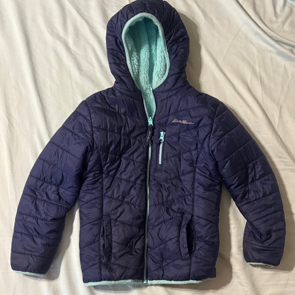Eddie Bauer Kids Blue Reversible Puffer Jacket with Light Blue Fleece Interior